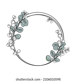 Eucalyptus Circle Wreath, Hand Drawn Line Art Leaves Frame For Invitation Design.Vector Illustration Isolate On White Design