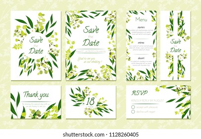 Eucalyptus Design. Wedding Invitation, Menu, Rsvp, Thank You Label. Save the Date Card Templates Set with Greenery, Decorative Floral and Herbs Element. Vintage Botanical Illustration with Eucalyptus.