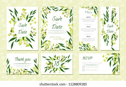 Eucalyptus Design. Wedding Invitation, Menu, Rsvp, Thank You Label. Save the Date Card Templates Set with Greenery, Decorative Floral and Herbs Element. Vintage Botanical Illustration with Eucalyptus.