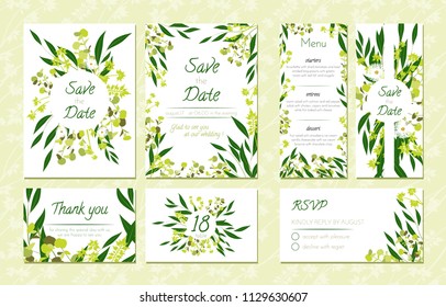 Eucalyptus Design. Wedding Invitation, Menu, Rsvp, Thank You Label. Save the Date Card Templates Set with Greenery, Decorative Floral and Herbs Element. Vintage Botanical Illustration with Eucalyptus.