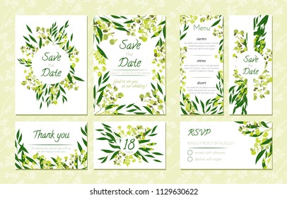 Eucalyptus Design. Wedding Invitation, Menu, Rsvp, Thank You Label. Save the Date Card Templates Set with Greenery, Decorative Floral and Herbs Element. Vintage Botanical Illustration with Eucalyptus.