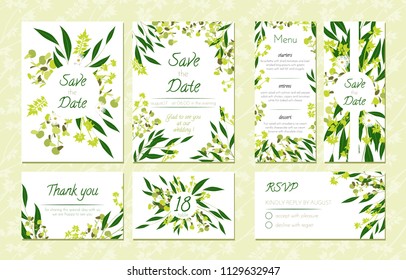 Eucalyptus Design. Wedding Invitation, Menu, Rsvp, Thank You Label. Save the Date Card Templates Set with Greenery, Decorative Floral and Herbs Element. Vintage Botanical Illustration with Eucalyptus.