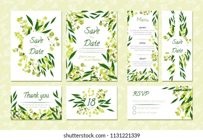 Eucalyptus Design. Wedding Invitation, Menu, Rsvp, Thank You Label. Save the Date Card Templates Set with Greenery, Decorative Floral and Herbs Element. Vintage Botanical Illustration with Eucalyptus.
