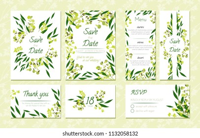 Eucalyptus Design. Wedding Invitation, Menu, Rsvp, Thank You Label. Save the Date Card Templates Set with Greenery, Decorative Floral and Herbs Element. Vintage Botanical Illustration with Eucalyptus.