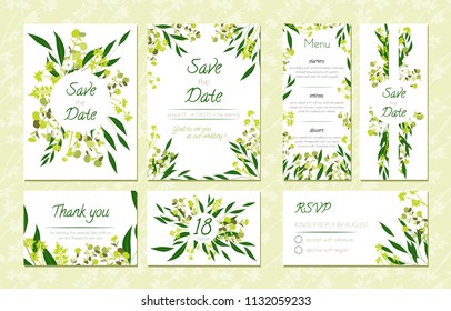 Eucalyptus Design. Wedding Invitation, Menu, Rsvp, Thank You Label. Save the Date Card Templates Set with Greenery, Decorative Floral and Herbs Element. Vintage Botanical Illustration with Eucalyptus.