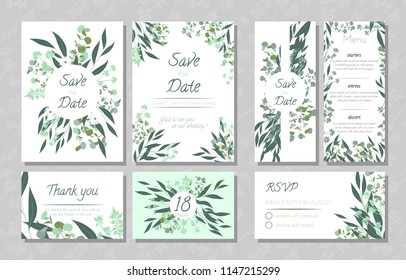 Eucalyptus Design. Wedding Invite, Menu, Rsvp, Thank You Label. Save the Date Card Templates Set with Greenery, Decorative Floral and Herbs Element. Vintage Botanical Illustration with Eucalyptus Leaf