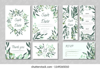 Eucalyptus Design. Wedding Invite, Menu, Rsvp, Thank You Label. Save the Date Card Templates Set with Greenery, Decorative Floral and Herbs Element. Vintage Botanical Illustration with Eucalyptus Leaf