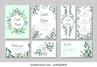 Eucalyptus Design. Wedding Invite, Menu, Rsvp, Thank You Label. Save the Date Card Templates Set with Greenery, Decorative Floral and Herbs Element. Vintage Botanical Illustration with Eucalyptus Leaf