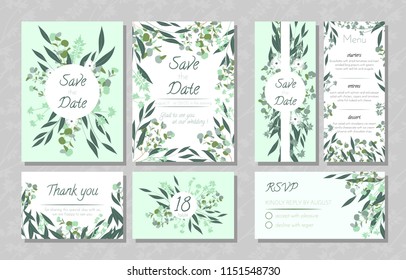 Eucalyptus Design. Wedding Invite, Menu, Rsvp, Thank You Label. Save the Date Card Templates Set with Greenery, Decorative Floral and Herbs Element. Vintage Botanical Illustration with Eucalyptus Leaf