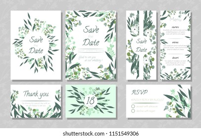 Eucalyptus Design. Wedding Invite, Menu, Rsvp, Thank You Label. Save the Date Card Templates Set with Greenery, Decorative Floral and Herbs Element. Vintage Botanical Illustration with Eucalyptus Leaf