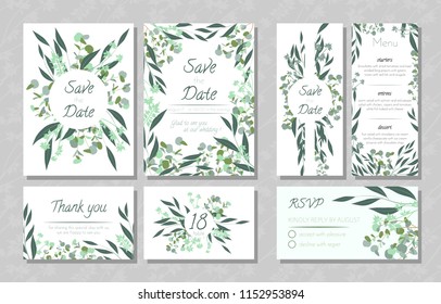 Eucalyptus Design. Wedding Invite, Menu, Rsvp, Thank You Label. Save the Date Card Templates Set with Greenery, Decorative Floral and Herbs Element. Vintage Botanical Illustration with Eucalyptus Leaf