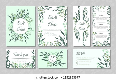 Eucalyptus Design. Wedding Invite, Menu, Rsvp, Thank You Label. Save the Date Card Templates Set with Greenery, Decorative Floral and Herbs Element. Vintage Botanical Illustration with Eucalyptus Leaf