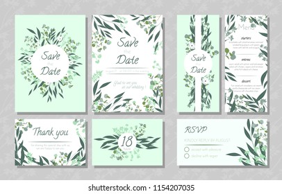 Eucalyptus Design. Wedding Invite, Menu, Rsvp, Thank You Label. Save the Date Card Templates Set with Greenery, Decorative Floral and Herbs Element. Vintage Botanical Illustration with Eucalyptus Leaf