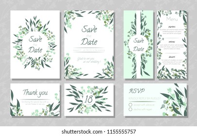 Eucalyptus Design. Wedding Invite, Menu, Rsvp, Thank You Label. Save the Date Card Templates Set with Greenery, Decorative Floral and Herbs Element. Vintage Botanical Illustration with Eucalyptus Leaf