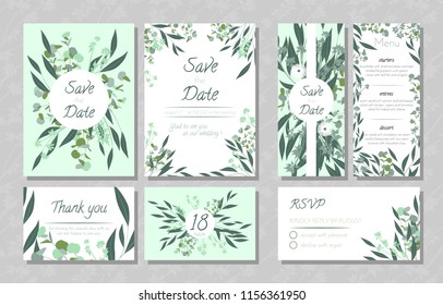 Eucalyptus Design. Wedding Invite, Menu, Rsvp, Thank You Label. Save the Date Card Templates Set with Greenery, Decorative Floral and Herbs Element. Vintage Botanical Illustration with Eucalyptus Leaf