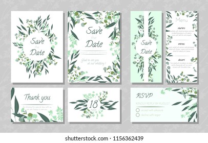 Eucalyptus Design. Wedding Invite, Menu, Rsvp, Thank You Label. Save the Date Card Templates Set with Greenery, Decorative Floral and Herbs Element. Vintage Botanical Illustration with Eucalyptus Leaf