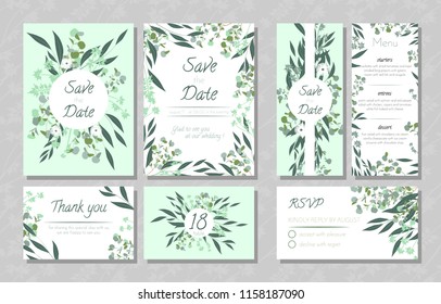 Eucalyptus Design. Wedding Invite, Menu, Rsvp, Thank You Label. Save the Date Card Templates Set with Greenery, Decorative Floral and Herbs Element. Vintage Botanical Illustration with Eucalyptus Leaf