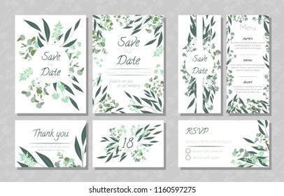 Eucalyptus Design. Wedding Invite, Menu, Rsvp, Thank You Label. Save the Date Card Templates Set with Greenery, Decorative Floral and Herbs Element. Vintage Botanical Illustration with Eucalyptus Leaf