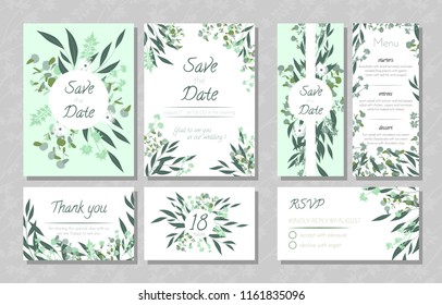 Eucalyptus Design. Wedding Invite, Menu, Rsvp, Thank You Label. Save the Date Card Templates Set with Greenery, Decorative Floral and Herbs Element. Vintage Botanical Illustration with Eucalyptus Leaf