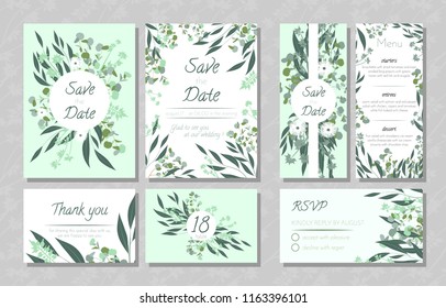 Eucalyptus Design. Wedding Invite, Menu, Rsvp, Thank You Label. Save the Date Card Templates Set with Greenery, Decorative Floral and Herbs Element. Vintage Botanical Illustration with Eucalyptus Leaf
