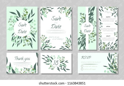 Eucalyptus Design. Wedding Invite, Menu, Rsvp, Thank You Label. Save the Date Card Templates Set with Greenery, Decorative Floral and Herbs Element. Vintage Botanical Illustration with Eucalyptus Leaf