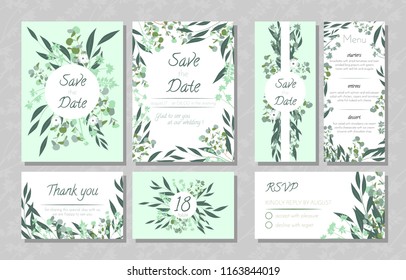Eucalyptus Design. Wedding Invite, Menu, Rsvp, Thank You Label. Save the Date Card Templates Set with Greenery, Decorative Floral and Herbs Element. Vintage Botanical Illustration with Eucalyptus Leaf