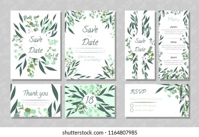 Eucalyptus Design. Wedding Invite, Menu, Rsvp, Thank You Label. Save the Date Card Templates Set with Greenery, Decorative Floral and Herbs Element. Vintage Botanical Illustration with Eucalyptus Leaf