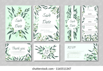 Eucalyptus Design. Wedding Invite, Menu, Rsvp, Thank You Label. Save the Date Card Templates Set with Greenery, Decorative Floral and Herbs Element. Vintage Botanical Illustration with Eucalyptus Leaf