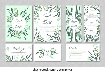 Eucalyptus Design. Wedding Invite, Menu, Rsvp, Thank You Label. Save the Date Card Templates Set with Greenery, Decorative Floral and Herbs Element. Vintage Botanical Illustration with Eucalyptus Leaf
