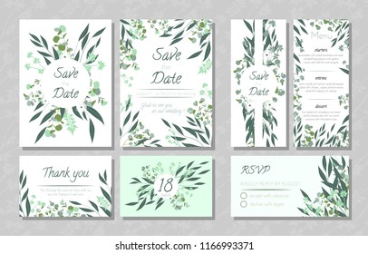 Eucalyptus Design. Wedding Invite, Menu, Rsvp, Thank You Label. Save the Date Card Templates Set with Greenery, Decorative Floral and Herbs Element. Vintage Botanical Illustration with Eucalyptus Leaf