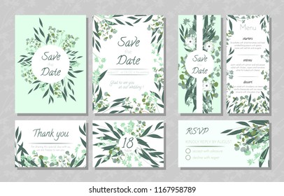 Eucalyptus Design. Wedding Invite, Menu, Rsvp, Thank You Label. Save the Date Card Templates Set with Greenery, Decorative Floral and Herbs Element. Vintage Botanical Illustration with Eucalyptus Leaf