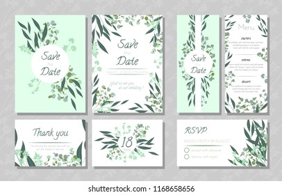 Eucalyptus Design. Wedding Invite, Menu, Rsvp, Thank You Label. Save the Date Card Templates Set with Greenery, Decorative Floral and Herbs Element. Vintage Botanical Illustration with Eucalyptus Leaf