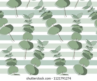 Eucalyptus different tree, foliage natural branches with green leaves seeds tropical seamless pattern. Vector decorative beautiful elegant illustration light blue striped background