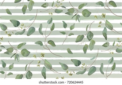 Eucalyptus different tree, foliage natural branches with green leaves seeds tropical seamless pattern watercolor style. Vector decorative beautiful elegant illustration  light blue stripped background