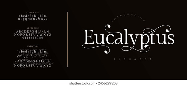 Eucalyptus Elegant Font Uppercase Lowercase and Number. Classic Lettering Minimal Fashion Designs. Typography modern serif fonts regular decorative vintage concept. vector illustration