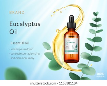 Eucalyptus essential oil ads. Cosmetic product. Liquid splash with branch and eucalyptus leaves isolated on blue sky background with sun rays. Vector 3d illustration.