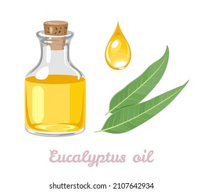 Eucalyptus essential oil set. Glass bottle, oil drop and green leaf. Vector cartoon flat illustration.