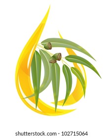 Eucalyptus essential oil. Stylized oil drop with branch. Vector illustration.