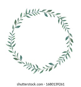 Eucalyptus Fern Leaves Elegant Greenery Design Border, Vanilla Forest Circle, Circle Wreath Beautiful Cute Rustic Frame Print. Vector Garden Illustration, Wedding Invitation