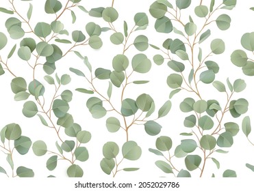 Eucalyptus floral watercolor seamless pattern. Vector illustration tropical greenery branches background. Summer rustic design for textile, wedding decoration, romantic cover, backdrop, paper print