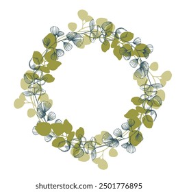 Eucalyptus Flower circle frame. Hand drawn round line border, leaves and flowers, wedding invitation and cards, logo design and posters template. Elegant minimal style floral vector isolated
