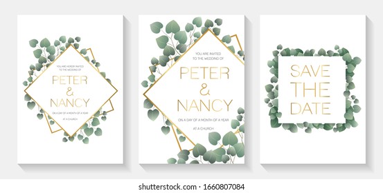 Eucalyptus hearts wedding invitation trio. Geometric golden metallic frame. Various compositions. Elements are all editable.