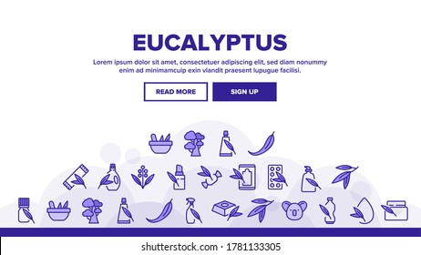 Eucalyptus Herbal Leaf Landing Web Page Header Banner Template Vector. Eucalyptus Candy And Bubble Gum, Pills And Drink, Liquid And Cream Package Illustrations