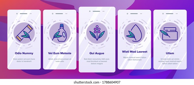 Eucalyptus Herbal Leaf Onboarding Mobile App Page Screen Vector. Eucalyptus Candy And Bubble Gum, Pills And Drink, Liquid And Cream Package Illustrations