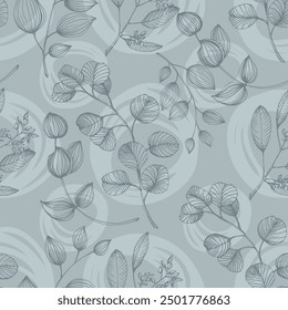 Eucalyptus Leaf Seamless Pattern. Floral botanical flower. Flower evergreen wedding decoration. Botanical wreath branch and buds. Garden seamless pattern bouquet