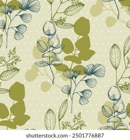 Eucalyptus Leaf Seamless Pattern. Floral botanical flower. Flower evergreen wedding decoration. Botanical wreath branch and buds. Garden seamless pattern bouquet