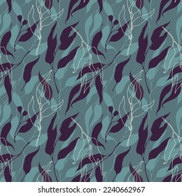 Eucalyptus leaf silhouette botanical seamless pattern in grey blue and dark violet colors.