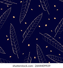 Eucalyptus leaves with abstract dots. Textured golden outline on dark blue background. Seamless pattern. Vector illustration for textile, wallpaper, wrapping paper.