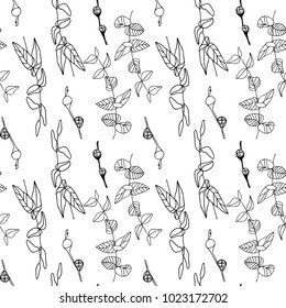 Eucalyptus leaves and berries vector seamless pattern. Hand drawn twigs and berries, realistic botanical background.
