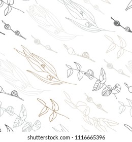 Eucalyptus leaves and berries vector seamless pattern. Hand drawn twigs and berries, realistic botanical background.